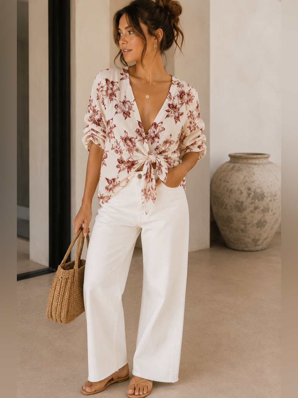 Zara Cream Floral Viscose-Linen Top with Red Print
